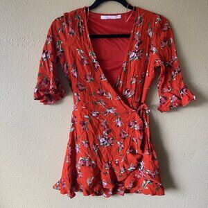 Zara Red Floral Side Tie Wrap Front Romper Size XS Trafaluc Collection Floral